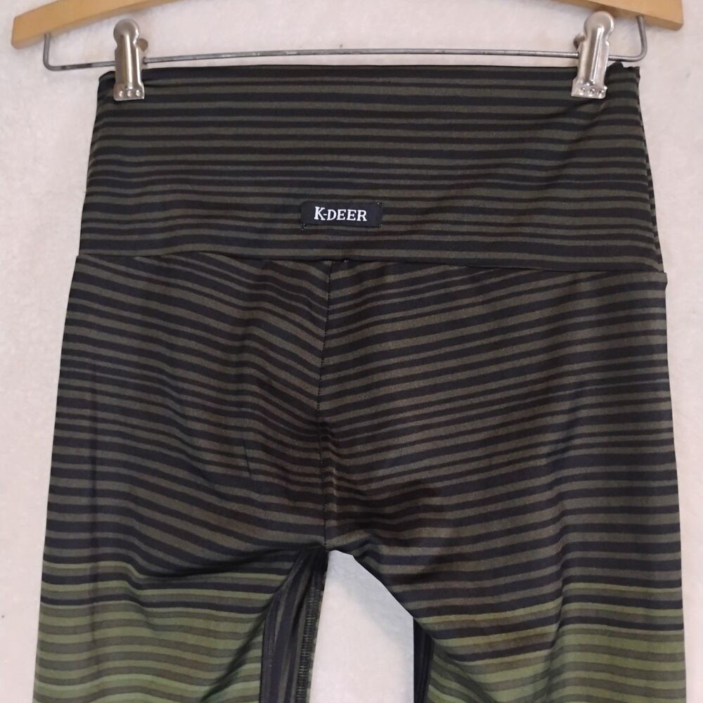 K-DEER Will Stripe Capri Leggings Large Micro Striped Olive Green High Waist Gym - Picture 13 of 16
